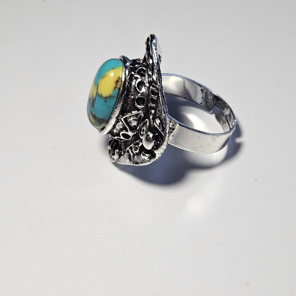 Silver Tone Turquoise Adjustable Ring - image 8